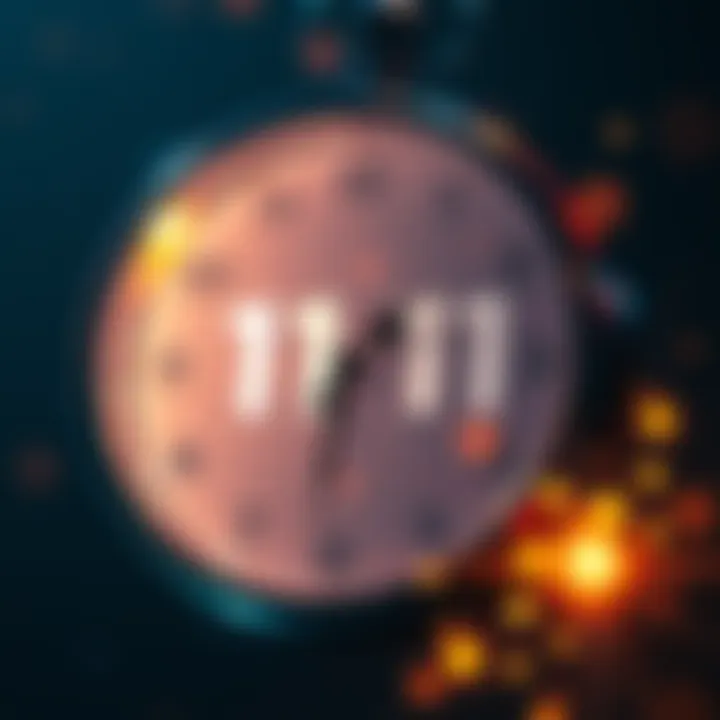 A close-up of a clock displaying the numbers 11:11, surrounded by soft light and sparkles