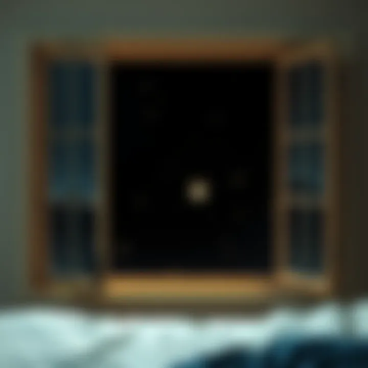 A dark bedroom window showing a faint outline of a clock with crickets chirping in the background