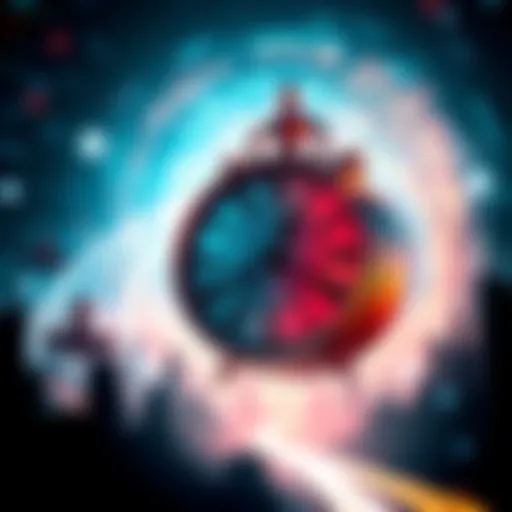 A large clock surrounded by a swirling vortex, representing time travel, with futuristic city silhouettes in the background.