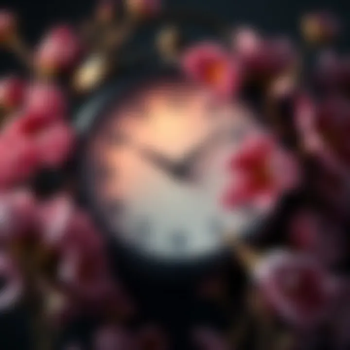 A close-up of a clock surrounded by wilting flowers, symbolizing the passage of time and the fleeting nature of life.