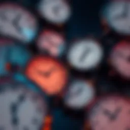 A close-up of several clocks, some displaying different times, illustrating time discrepancies.