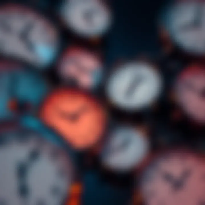 Clocks Showing Different Times A close-up of several clocks, some displaying different times, illustrating time discrepancies.
