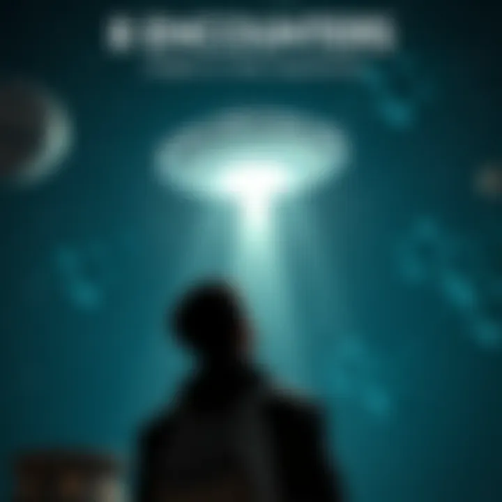 Close encounter with aliens A person gazes up at a UFO hovering in the night sky, surrounded by stars and planets, illustrating alien encounters and interactions.