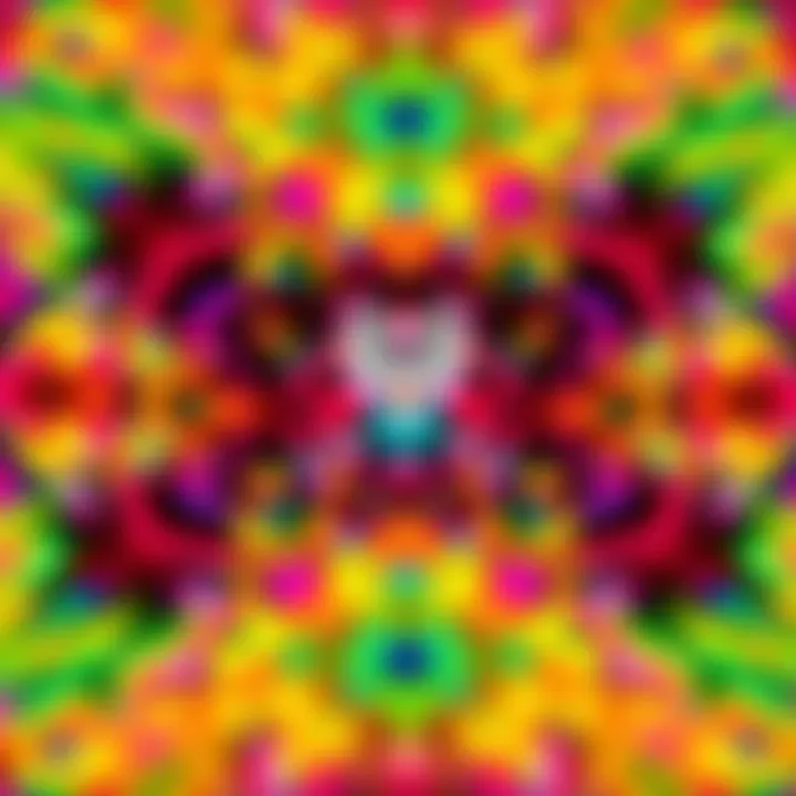 A zoomed-in view of a vibrant and intricate abstract design showing shapes and colors