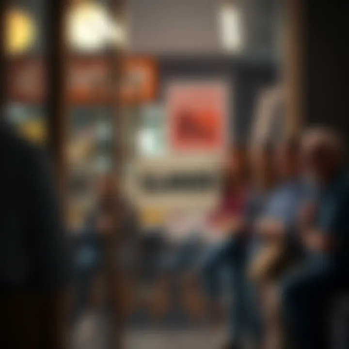 A closed sign hangs on the door of a local business, with curious residents looking on and laughing together.
