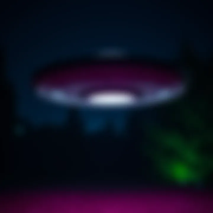 Closeup of UFO in Backyard at Night A closeup shot of a UFO lit up against a dark backyard night sky, highlighting its unusual features.