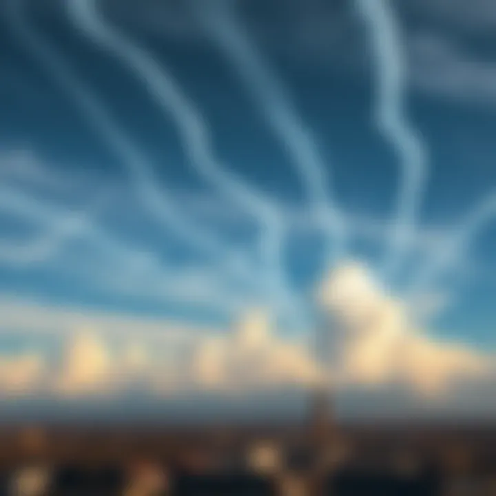 A view of a city skyline under clouds traced with chemtrails, suggesting a hidden agenda behind sudden deaths.