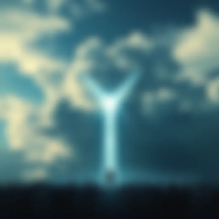 A cloudy sky with an outline of a figure resembling a messiah, casting a shadow over a tense crowd below