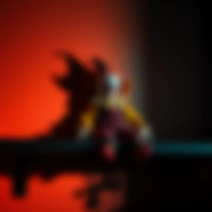 A clown doll with a painted face and colorful outfit sits on a shelf, casting a shadow in a dimly lit room