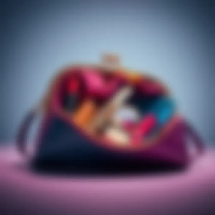 A stylish clutch bag open to show various items inside like lipstick, a compact mirror, and a phone.