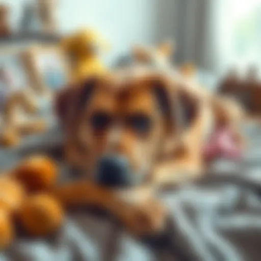 A gentle brown dog named Clyde lying peacefully on a soft blanket, surrounded by family photos and toys, showcasing love and memories.