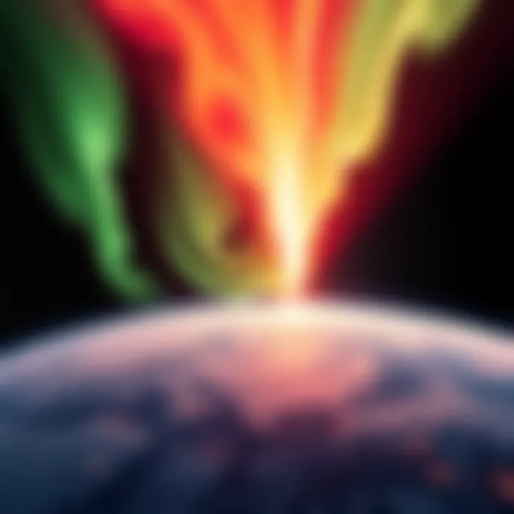 CME Impacting Earth A coronal mass ejection colliding with Earth, causing vibrant auroras visible in the night sky over Europe and the US.