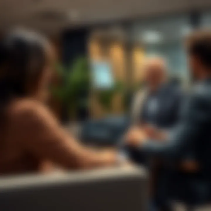 A coach discussing strategies with a client in an office setting, emphasizing high-value service through engagement.
