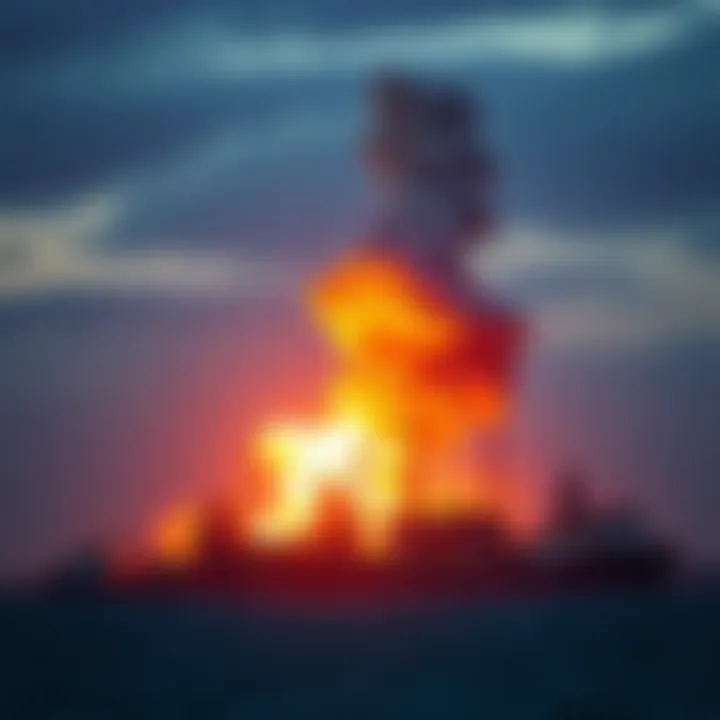 Fire and smoke rising from a manufacturing plant on the coast after an explosion