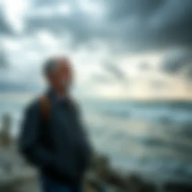 Coastal Resident Concerned About Climate Change A concerned coastal resident stands by the beach, looking at the rising sea levels and cloudy skies, reflecting worries about climate change.