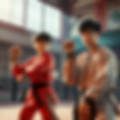 Cobra Kai characters practicing martial arts and showcasing friendship in a dojo setting