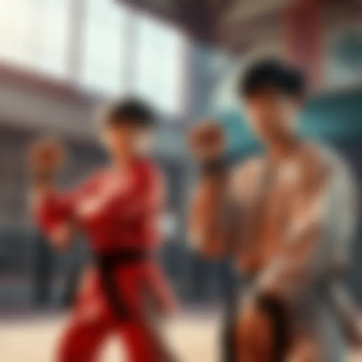 Cobra Kai characters in a training dojo Cobra Kai characters practicing martial arts and showcasing friendship in a dojo setting