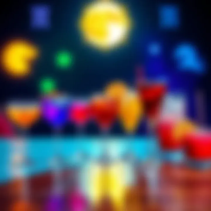 Cocktails and Moon Signs A table filled with colorful cocktails representing different moon signs, with zodiac symbols in the background.