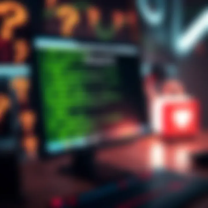 Coded Message Post A close-up view of a computer screen displaying a peculiar coded message, surrounded by question marks and curiosity-related icons.