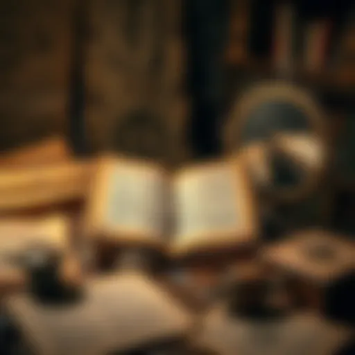 The Codex Gigas sits open on a wooden table with John Dee's Mirror placed beside it, both surrounded by ancient scrolls and historical texts.