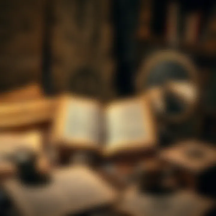 The Codex Gigas sits open on a wooden table with John Dee's Mirror placed beside it, both surrounded by ancient scrolls and historical texts.