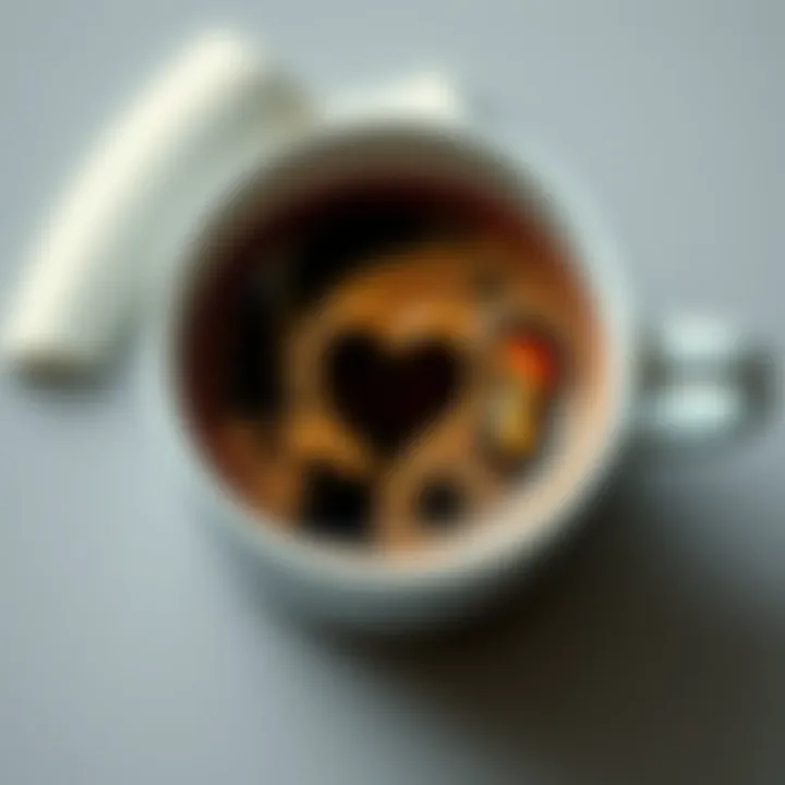 A coffee cup showing shapes resembling a tree, heart, and mushroom in the coffee grounds.