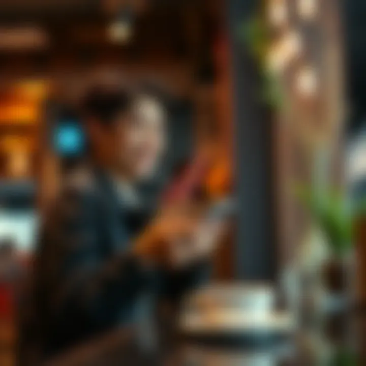 Coffee Reunion A person receives a text message while sitting at a coffee shop, looking hopeful and smiling.