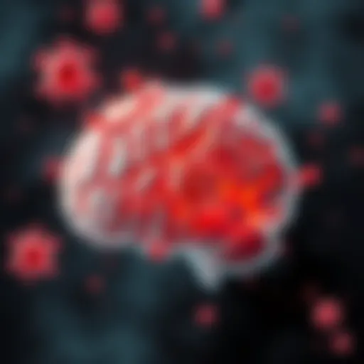 An artistic representation of a brain with virus-like particles illustrating the cognitive virus hypothesis.