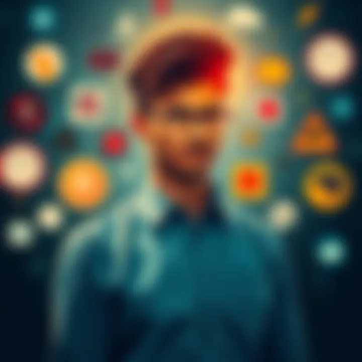 A person contemplating various signs and symbols, representing cognitive agency and decision-making processes.