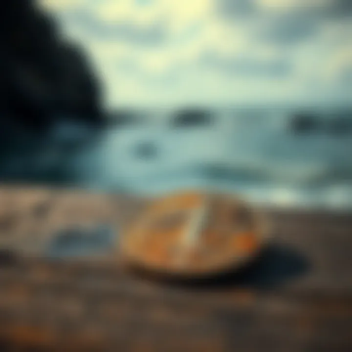 A close-up of an old, tarnished coin resting on a wooden surface, with the ocean visible in the background