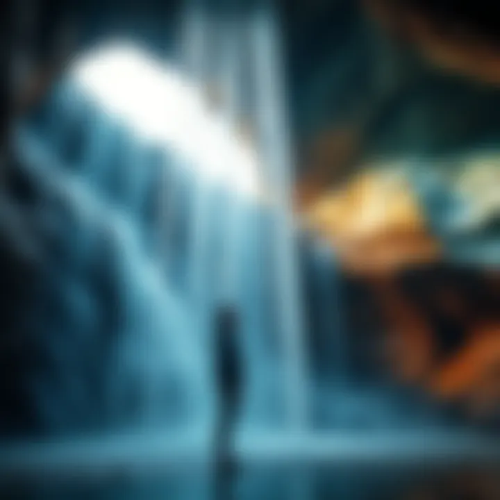 A person standing under a cold waterfall, looking contemplative, surrounded by a serene nature setting.