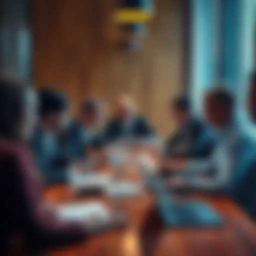 A group of diverse people discussing strategies around a table with documents and laptops