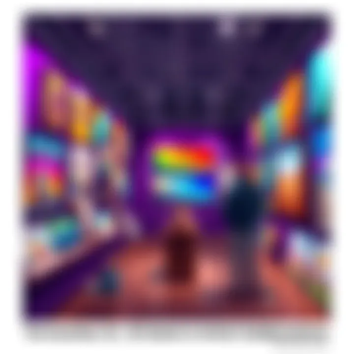 A colorful showcase of various artworks from different artists in an exhibition setting