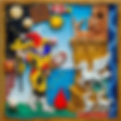 A colorful collage representing The Fool card from Tarot with symbolic elements like a jester, a cliff, and playful animals. The artwork blends various textures and materials for a dynamic look.