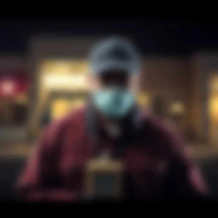 A delivery driver with a collar bomb around his neck in front of a bank during a robbery