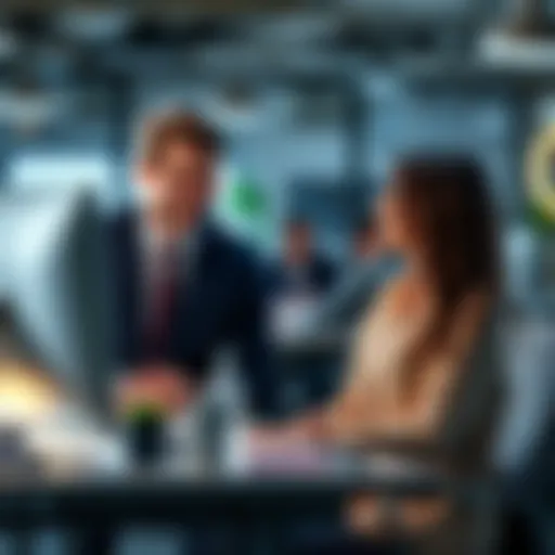 Two coworkers engaged in a conversation at their desks, showing professional interaction with smiles, indicating a friendly atmosphere.