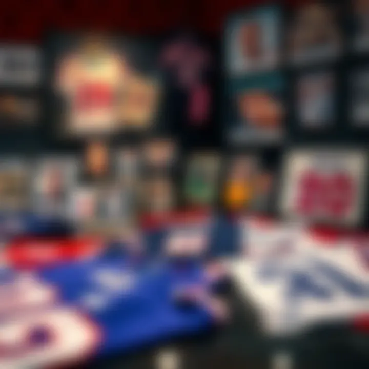 A variety of signed memorabilia such as sports jerseys and celebrity photographs arranged neatly on a table.