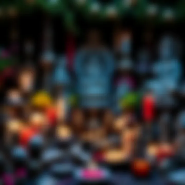 A variety of decorative altars arranged with candles, flowers, and symbols for different deities, showcasing personal worship practices.