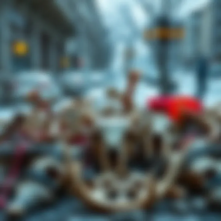 A selection of animal bones arranged for use in altars and offerings. The setting shows an urban background with snow, indicating winter conditions.