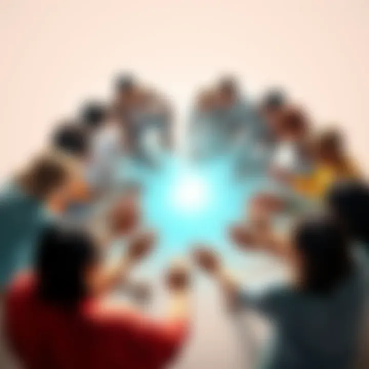 A diverse group of individuals holding hands in a circle, emanating light towards the center, symbolizing shared intentions and community support.