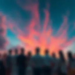 A diverse group of people standing together, gazing at a colorful sky filled with swirling clouds, symbolizing collective ascension.