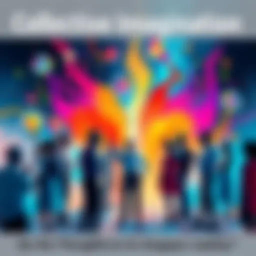 A group of people sharing thoughts and ideas in a colorful, abstract setting, representing the power of imagination to shape reality.