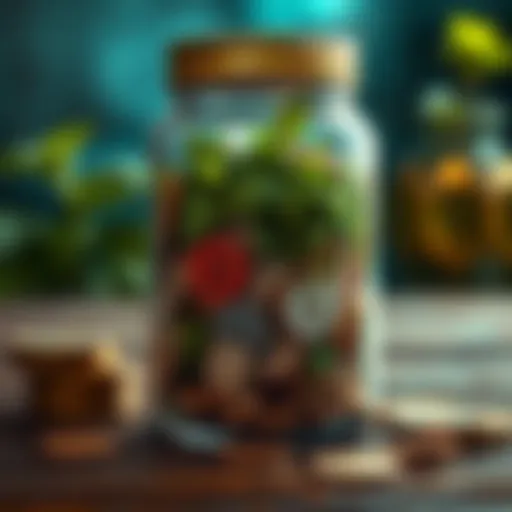 A clear jar filled with green herbs and coins representing wealth attraction