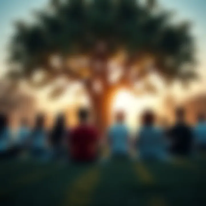 A diverse group of individuals meditating together under a tree, symbolizing unity in spirituality.