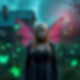 Colleen Coffman stands on a haunted farm, surrounded by glowing fairies and eerie lights, showcasing her paranormal experiences.