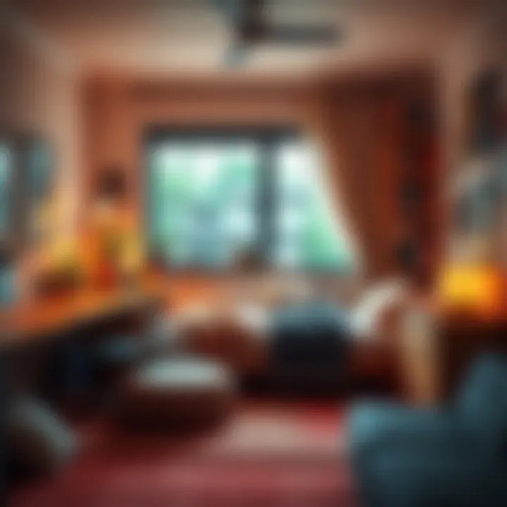 Cozy college dorm room layout A well-arranged college dorm room featuring a study area, bed, and decorative touches for a cozy atmosphere.