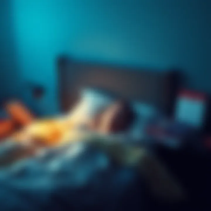 College dream anxiety Person waking up in bed looking anxious after dreaming about college experiences, with books and a calendar on the nightstand.
