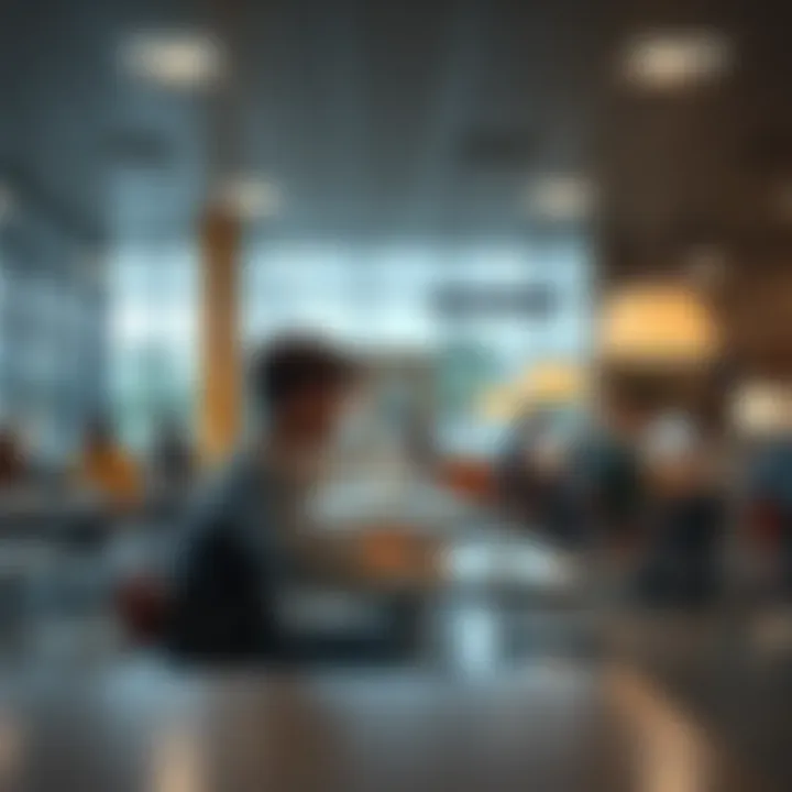 A college student looks lonely at a cafeteria table while other students chat and eat together nearby