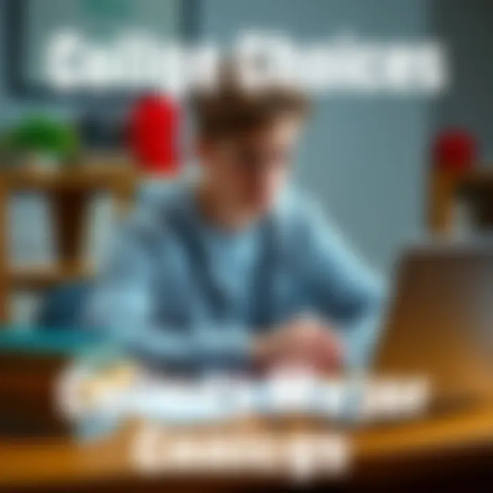 A young adult considering different college majors like paralegal studies, medical lab tech, and behavioral health careers at a desk with books and a laptop.