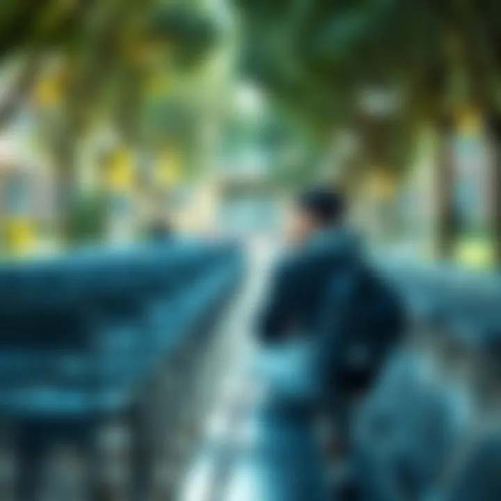 A college student looking contemplative while sitting on a bench, surrounded by empty chairs and trees, representing feelings of loneliness and self-reflection.